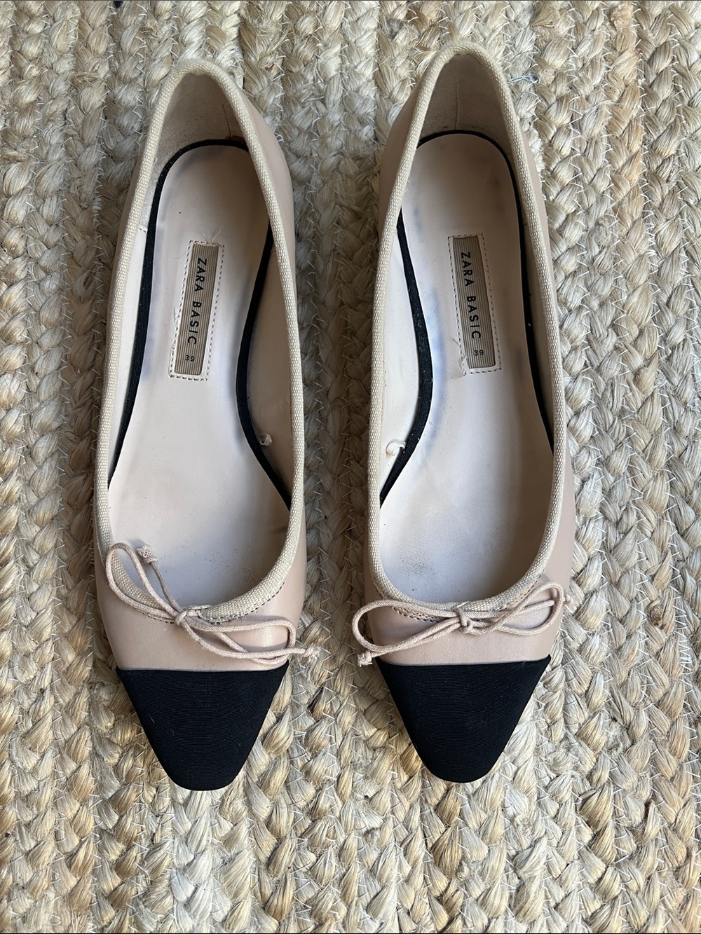 Zara Two-Tone Pointed Toe Ballet Flats in Beige and Black